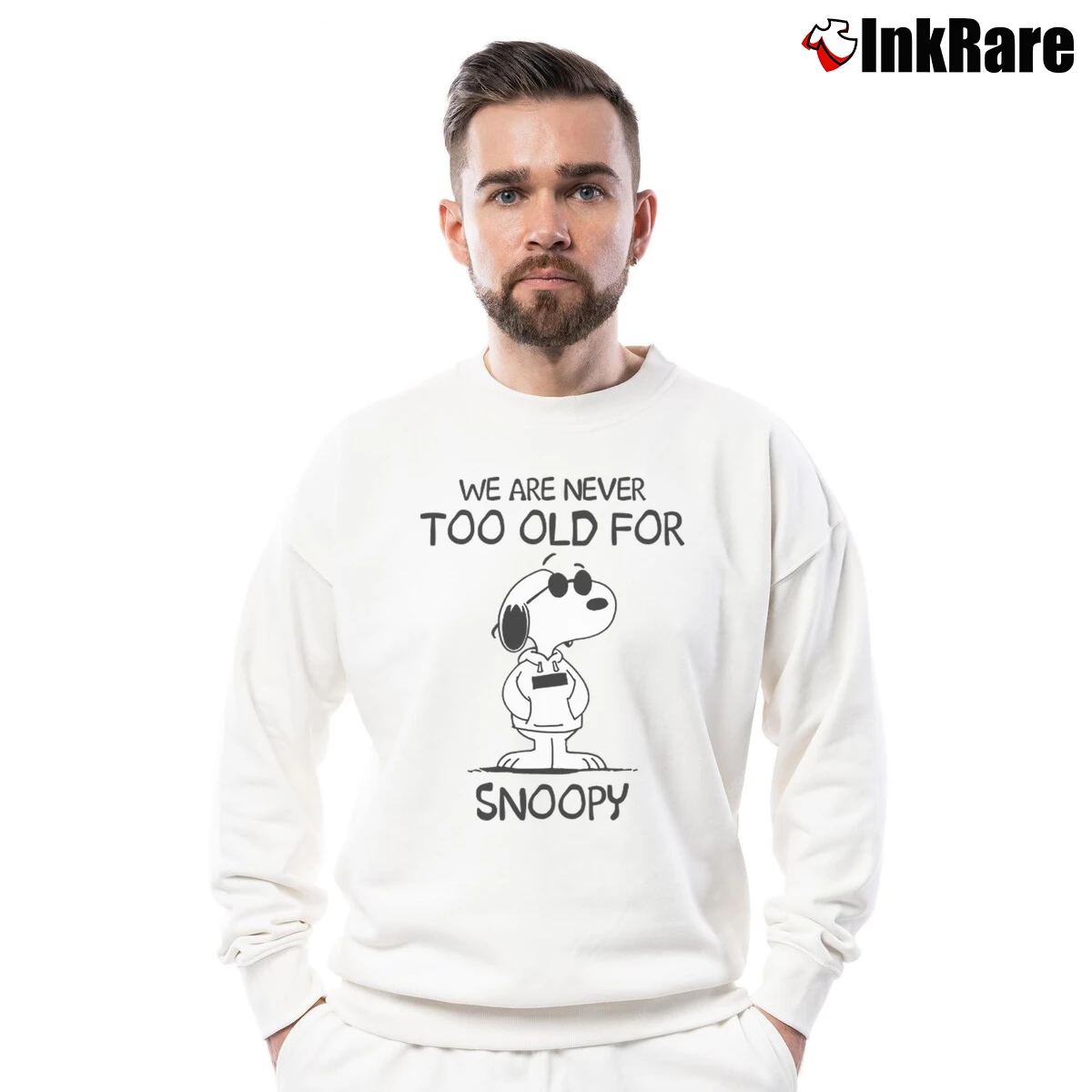 We Are Never Too Old For Snoopy Men’s Crewneck Sweatshirt in white – Soft & Durable Men’s We Are Never Too Old For Snoopy Crewneck Sweatshirt in white | Cozy Fabric, Clean Style