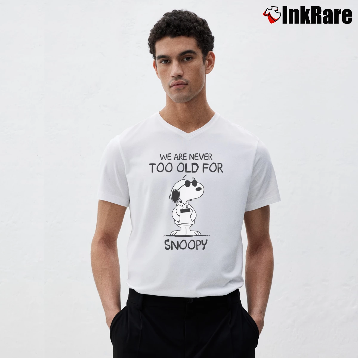 We Are Never Too Old For Snoopy Men’s V-Neck Tee in white – Modern Essential Men’s We Are Never Too Old For Snoopy V-Neck Tee in white | Sharp, Breathable, Everyday Staple