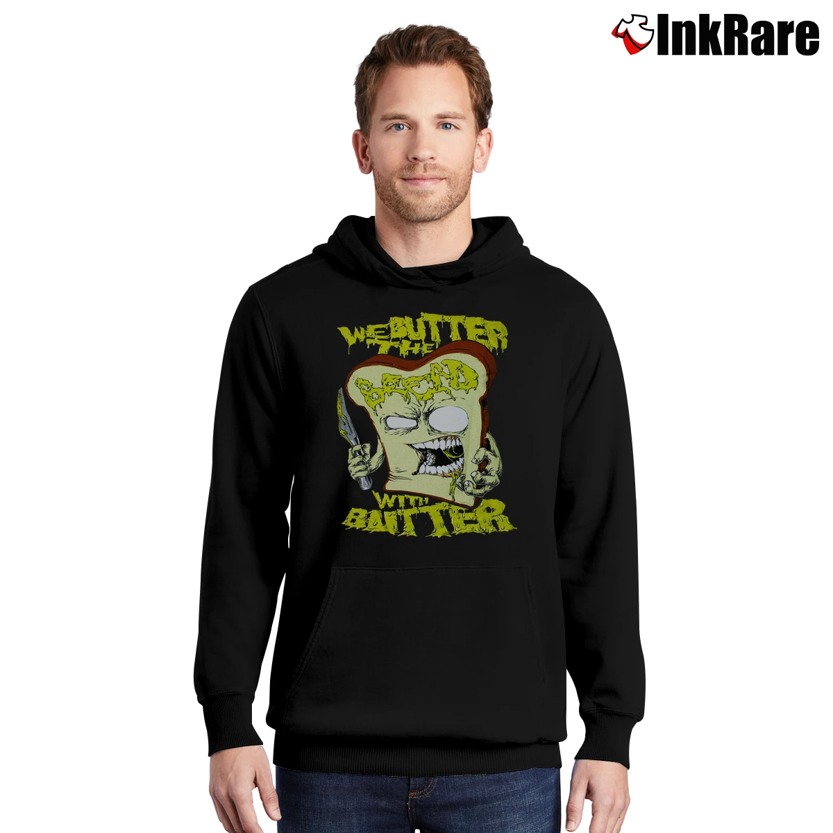 Men’s We Butter The Bread With Butter Slice Band Pullover Hoodie in black | Cozy, Durable, Modern Fit