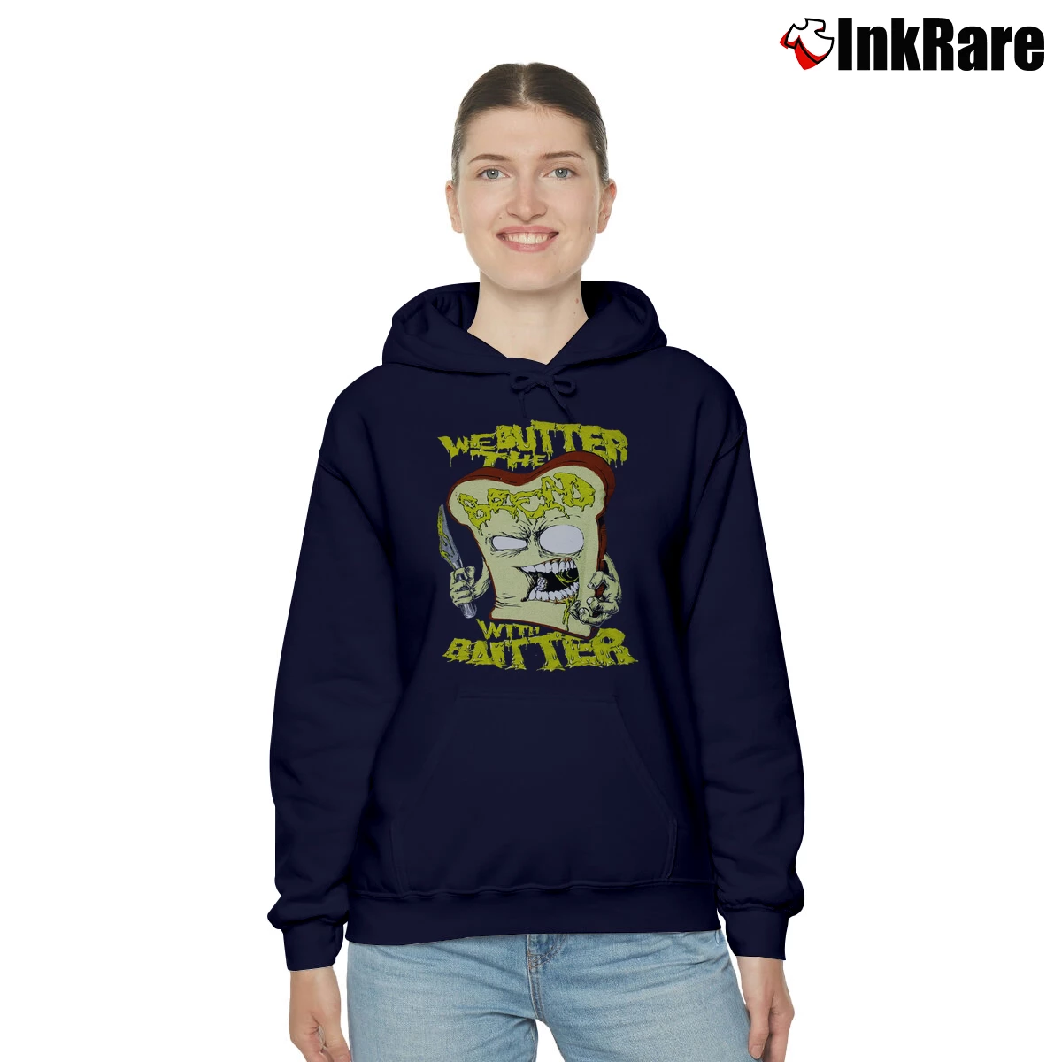 Women’s We Butter The Bread With Butter Slice Band Cozy Hoodie in navy | Warm, Structured, Stylish