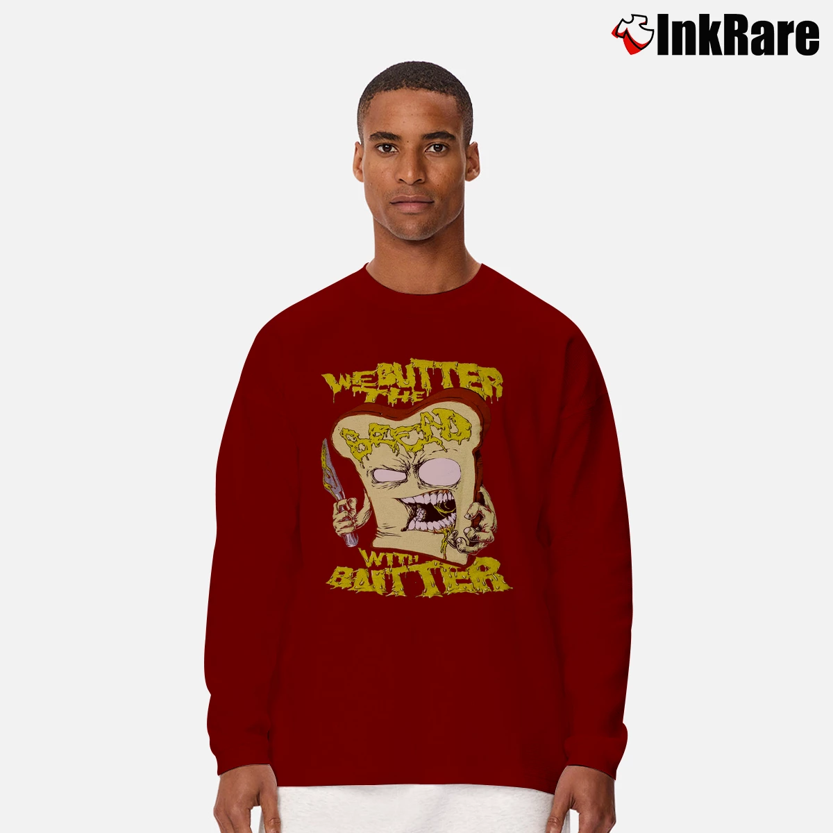 Men’s We Butter The Bread With Butter Slice Band Long-Sleeve Shirt in maroon | Sleek, Lightweight, Year-Round Wear