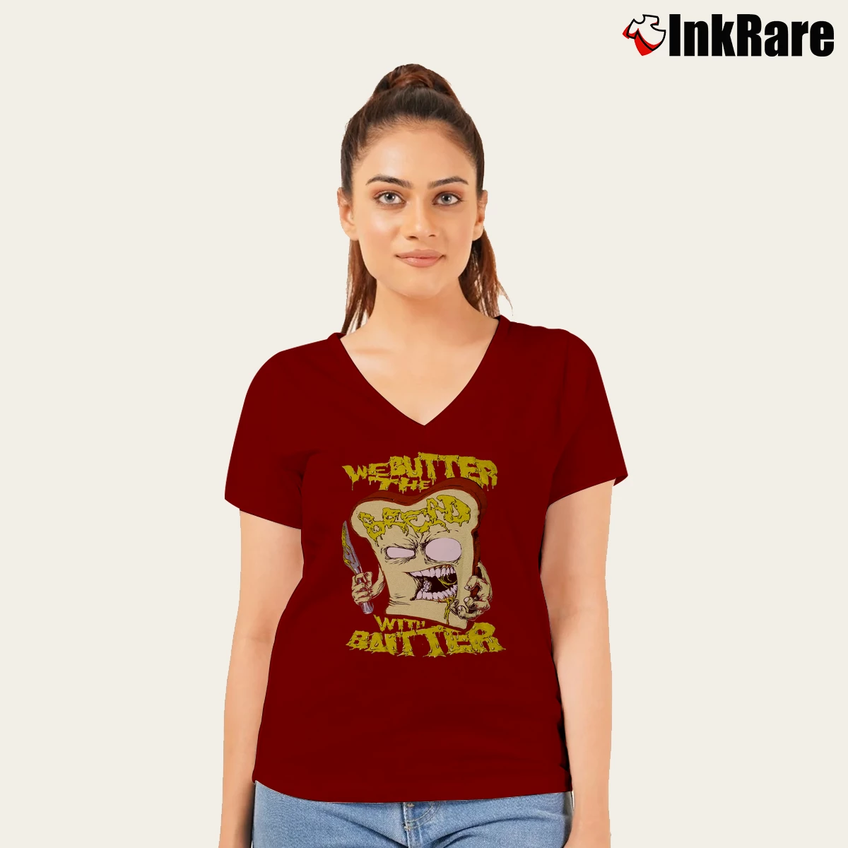 Women’s We Butter The Bread With Butter Slice Band V-Neck Tee in maroon | Chic Neckline, Soft Texture