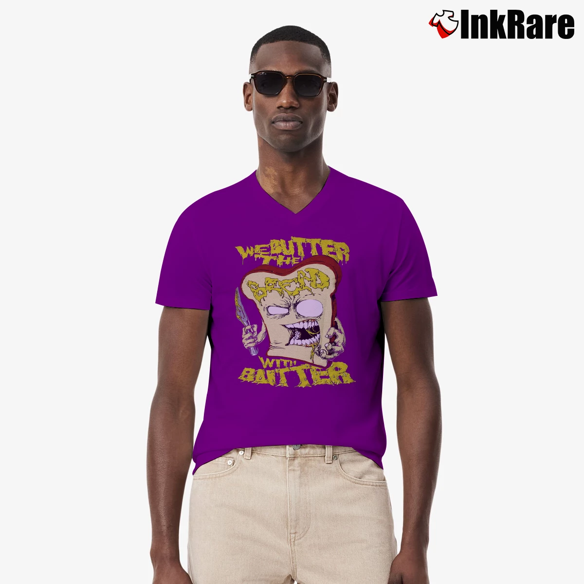 Men’s We Butter The Bread With Butter Slice Band V-Neck Tee in purple | Sharp, Breathable, Everyday Staple