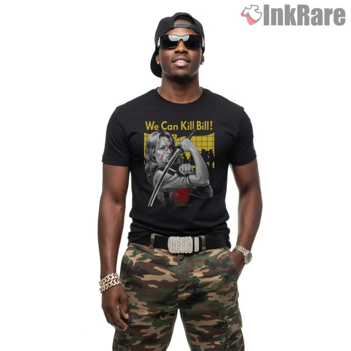 We Can Kill Bill Rosie Style Action Graphic Short Sleeve Black We Can Kill Bill Rosie Style Action Graphic Shirt on black short sleeve shirt for men graphic tee