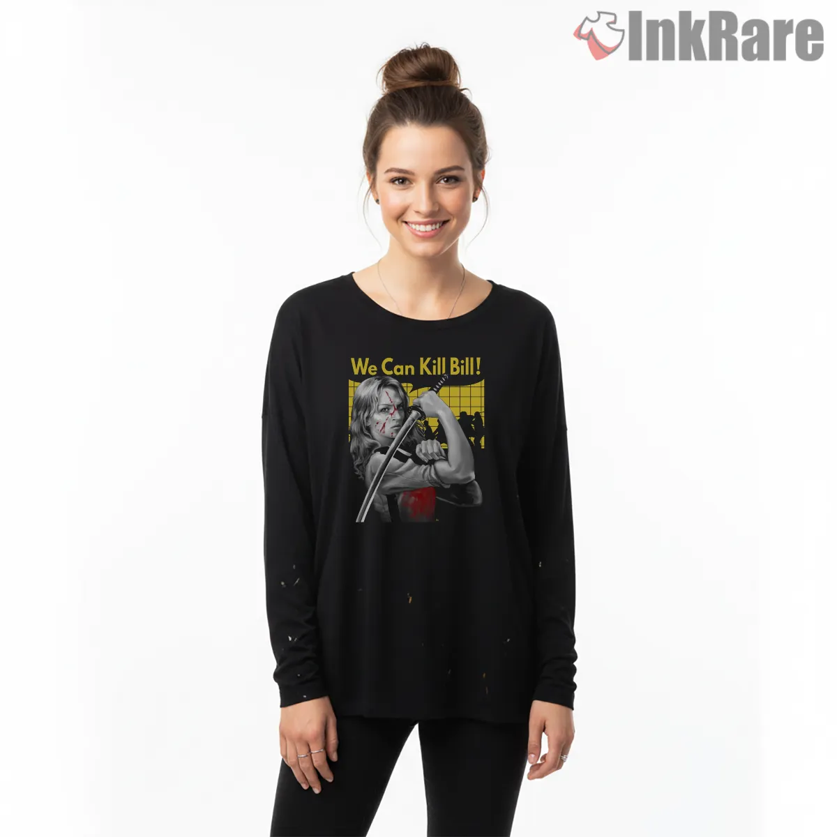 We Can Kill Bill Rosie Style Action Graphic Long Sleeve Black We Can Kill Bill Rosie Style Action Graphic Shirt on black long sleeve shirt for women graphic tee