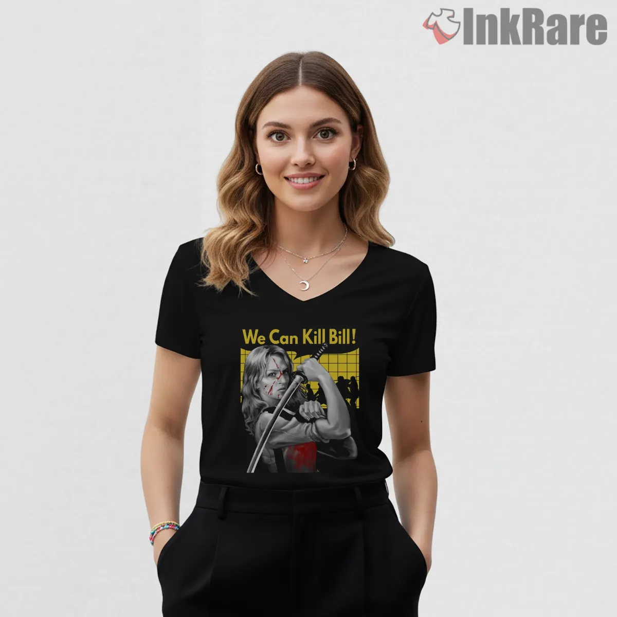 We Can Kill Bill Rosie Style Action Graphic V Neck Black We Can Kill Bill Rosie Style Action Graphic Shirt on black v-neck shirt for women graphic tee