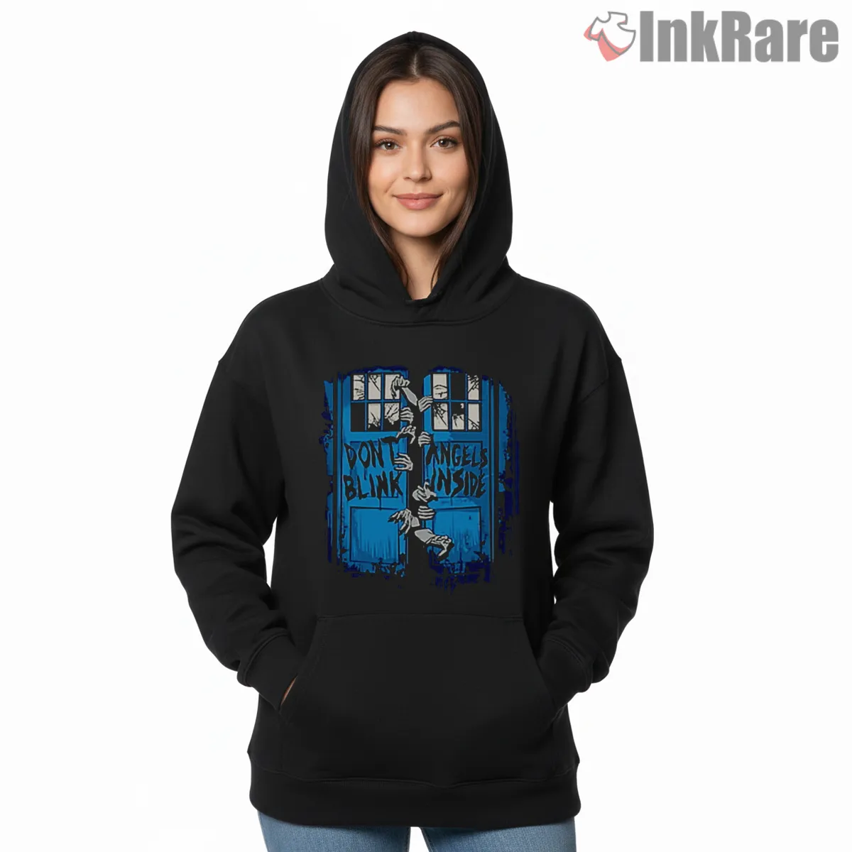 Weeping Angel Dont Blink Blue Horror Poster Hoodie Black Weeping Angel Dont Blink Blue Horror Poster Shirt on black hoodie for women graphic tee