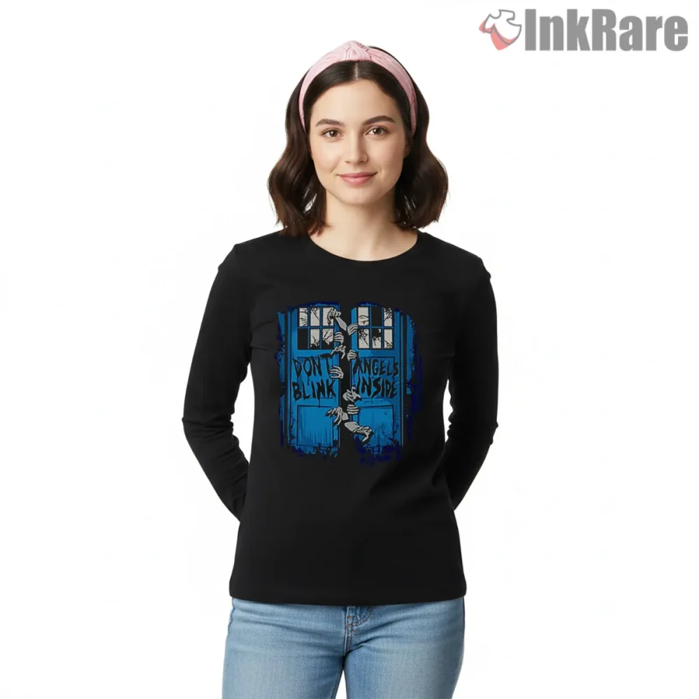 Weeping Angel Dont Blink Blue Horror Poster Shirt on black long sleeve shirt for women graphic tee