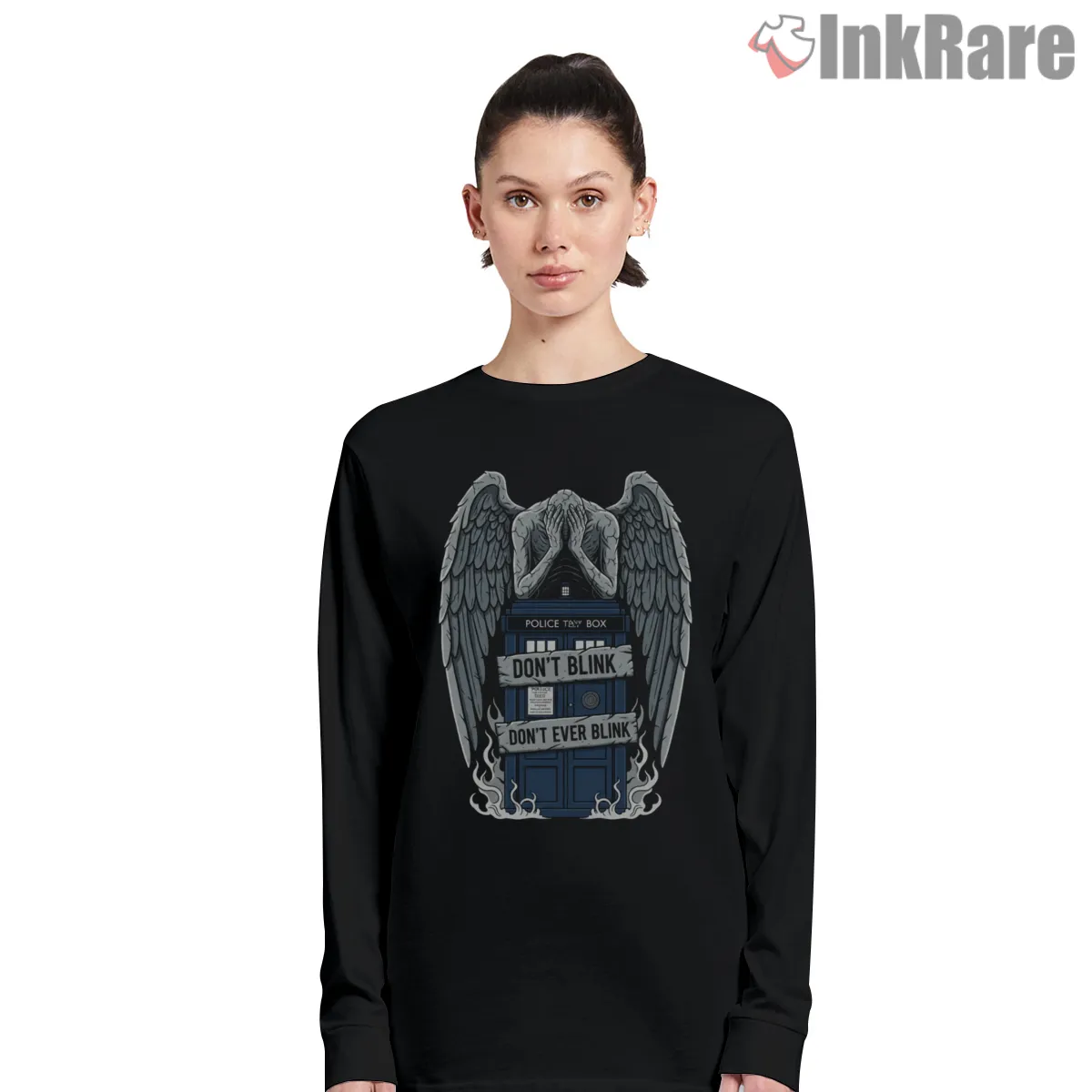 Weeping Angels Dont Blink Tardis Gothic Warning Long Sleeve Black Weeping Angels Dont Blink Tardis Gothic Warning Shirt on black long sleeve shirt for women graphic tee
