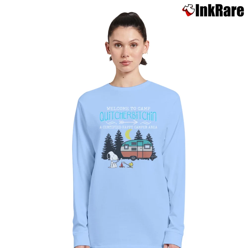 Women’s Welcome To Camp Quitbitchin A Cerifified Happy Camper Area Snoopy Long-Sleeve Top in light blue | Sleek, Versatile, All-Season