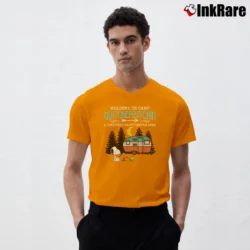 Men’s Welcome To Camp Quitbitchin A Cerifified Happy Camper Area Snoopy V-Neck Tee in orange | Sharp, Breathable, Everyday Staple