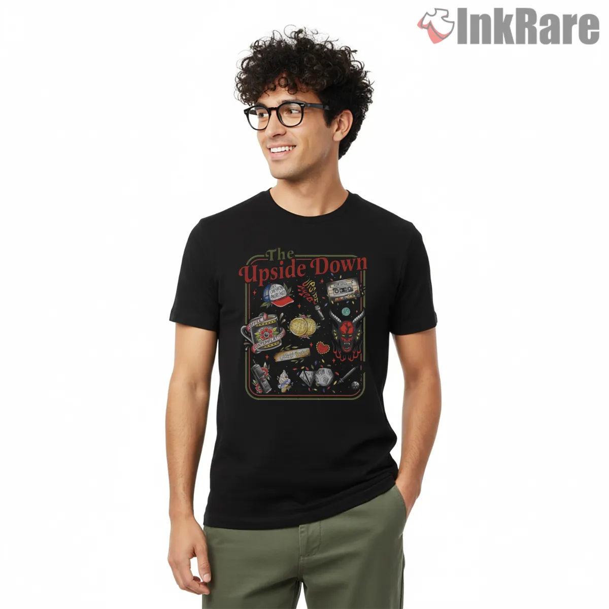 Welcome To The Upside Down Retro Hawkins Artifacts Shirt on black short sleeve shirt for men graphic tee