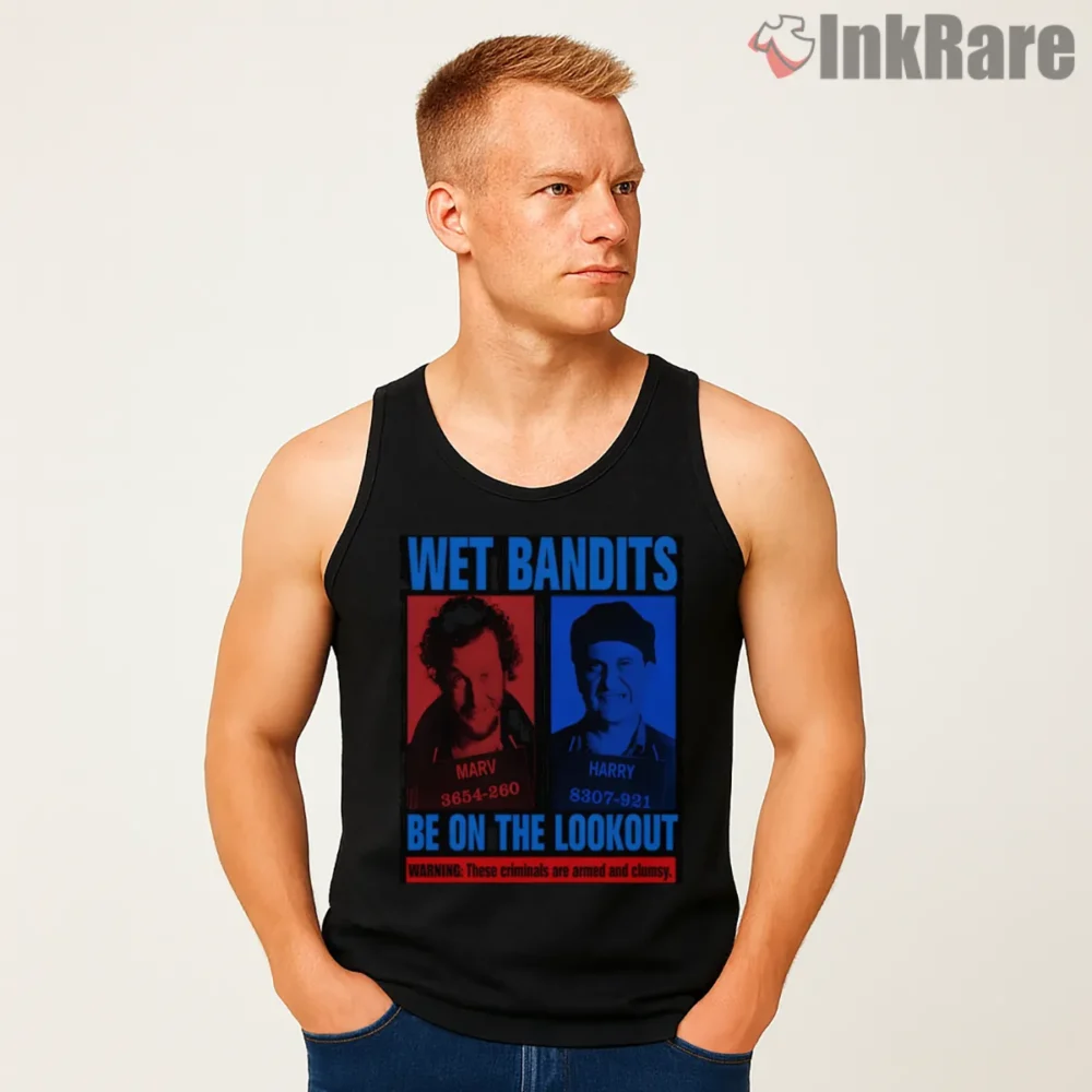 Wet Bandits Be On The Lookout Shirt on black tank top for men graphic tee