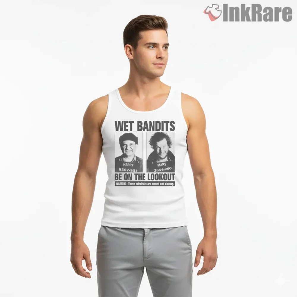 Wet Bandits Be On The Lookout Wanted Poster Shirt on white tank top for men graphic tee
