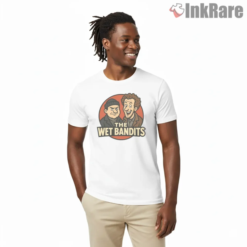 Wet Bandits Cartoon Duo Circle Logo Shirt on white short sleeve shirt for men graphic tee