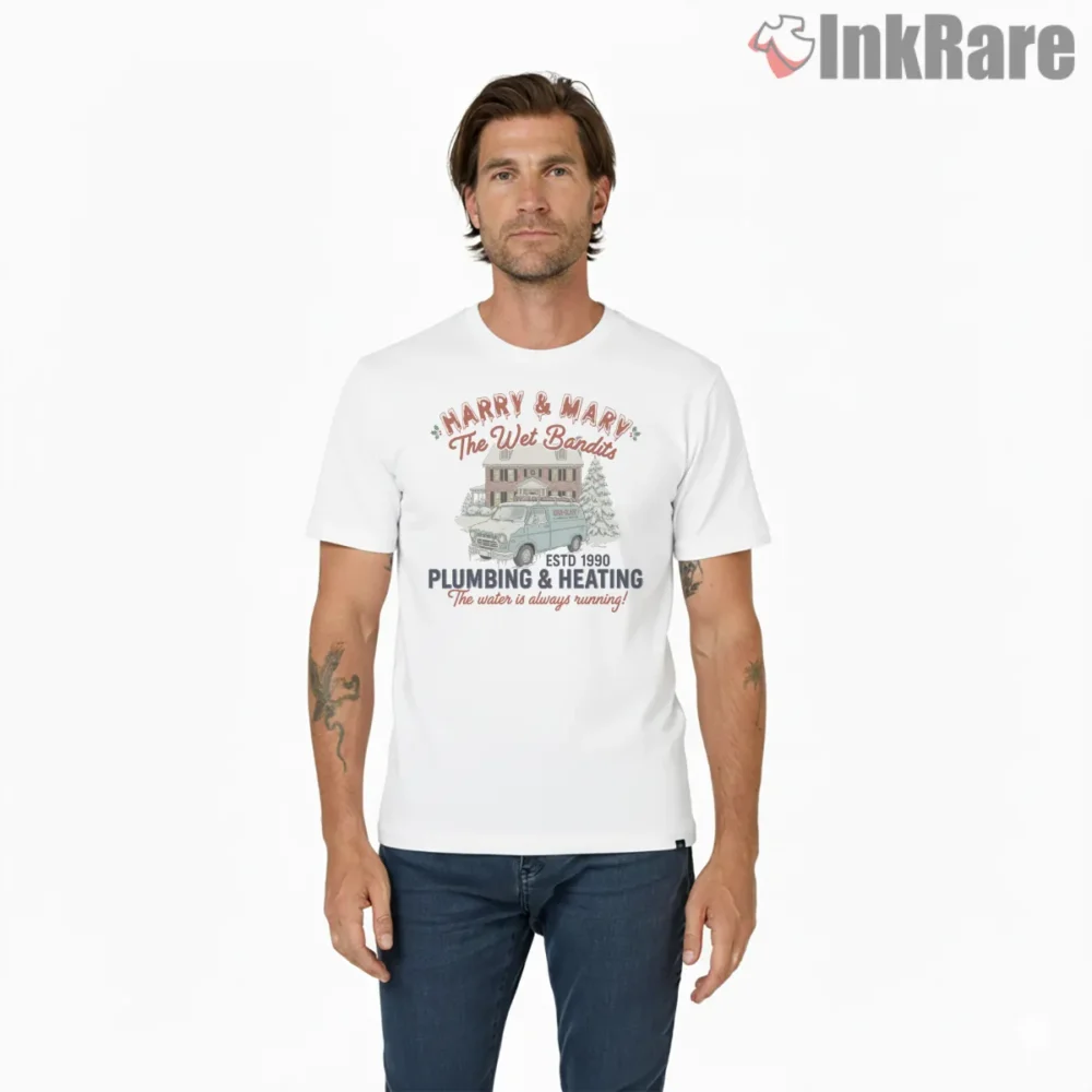 Wet Bandits Plumbing And Heating Christmas Van Shirt on white short sleeve shirt for men graphic tee