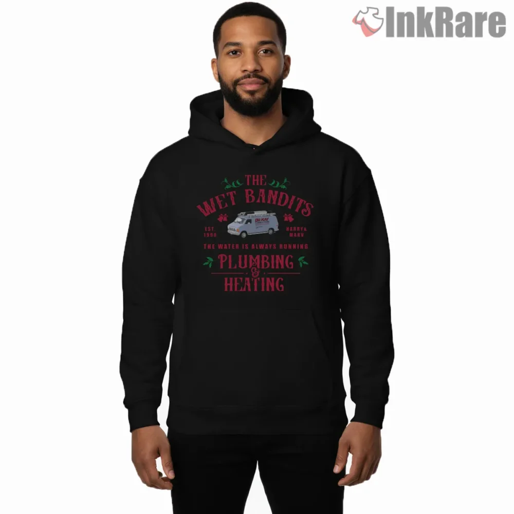 Wet Bandits Plumbing And Heating Holiday Van Shirt on black hoodie for men graphic tee