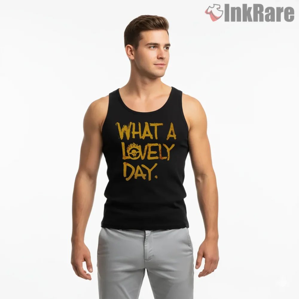 What A Lovely Day Bold Typography War Boys Shirt on black tank top for men graphic tee