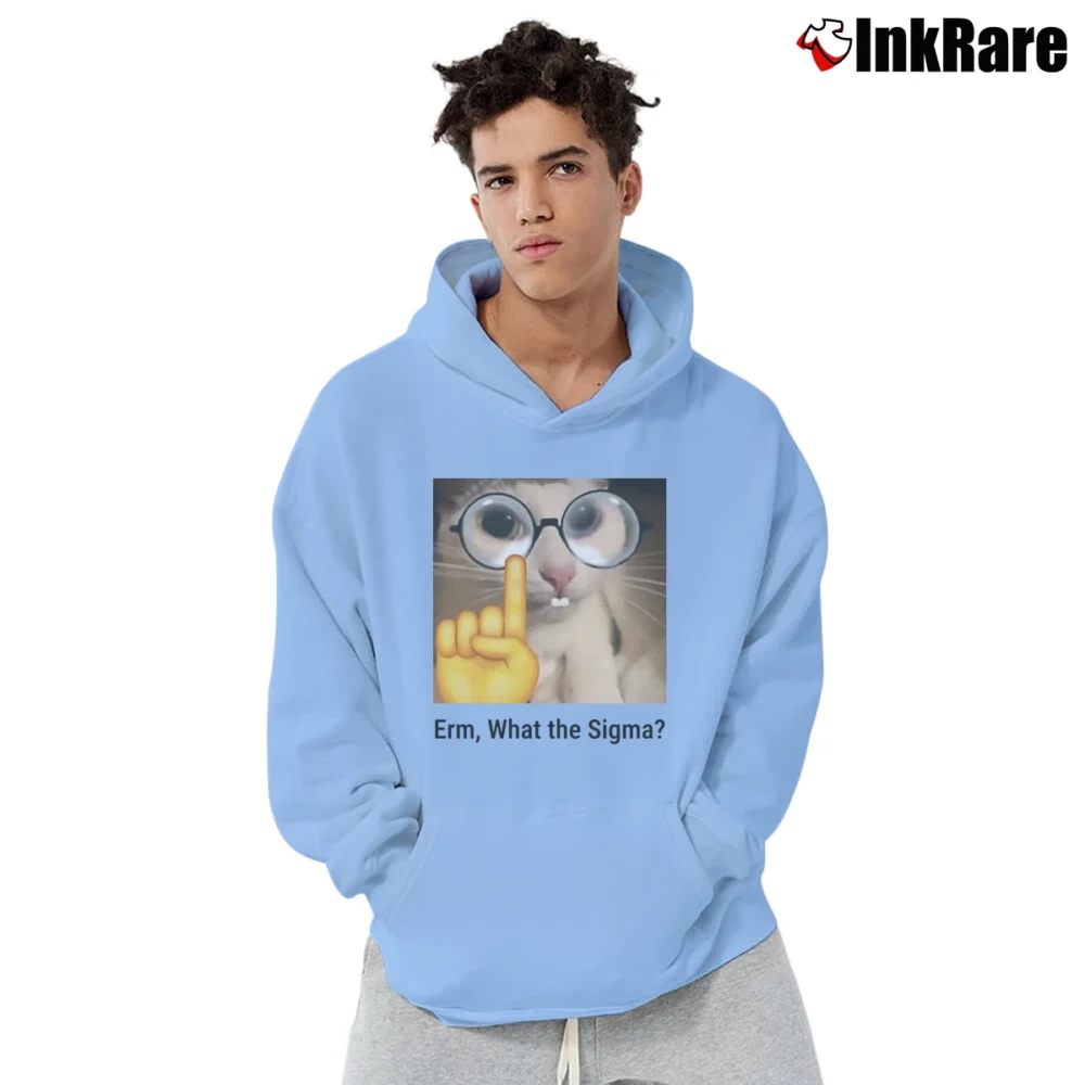 Men’s What The Sigma Meme Silly Cat Humor Classic Pullover Hoodie in light blue | Cozy, Durable, Modern Fit