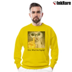 Men’s What The Sigma Meme Silly Cat Humor Classic Crewneck Sweatshirt in yellow | Cozy Fabric, Clean Style