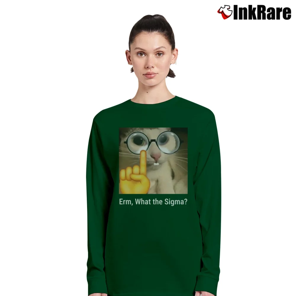 Women’s What The Sigma Meme Silly Cat Humor Long-Sleeve Top in forest green | Sleek, Versatile, All-Season