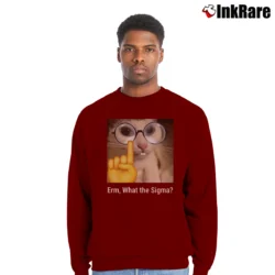 Men’s What The Sigma Meme Silly Cat Humor Crewneck Sweatshirt in maroon | Cozy Fabric, Clean Style