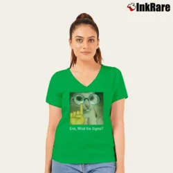Women’s What The Sigma Meme Silly Cat Humor V-Neck Tee in irish green | Chic Neckline, Soft Texture