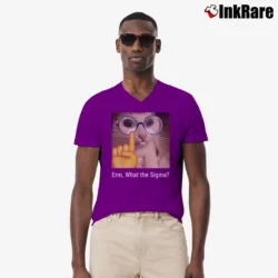 Men’s What The Sigma Meme Silly Cat Humor V-Neck Tee in purple | Sharp, Breathable, Everyday Staple
