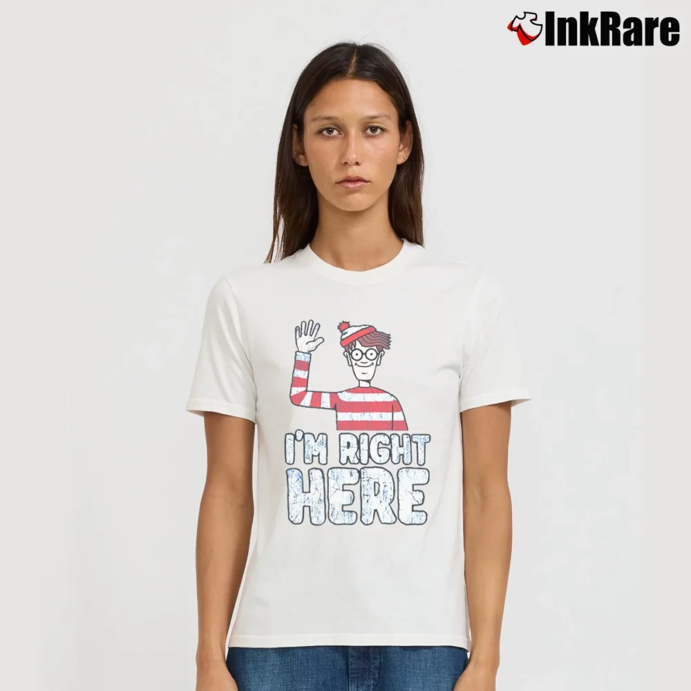 Women’s Where's Waldo I'm Right Here Funny Quote Signature T-Shirt in white | Soft, Flattering Fit