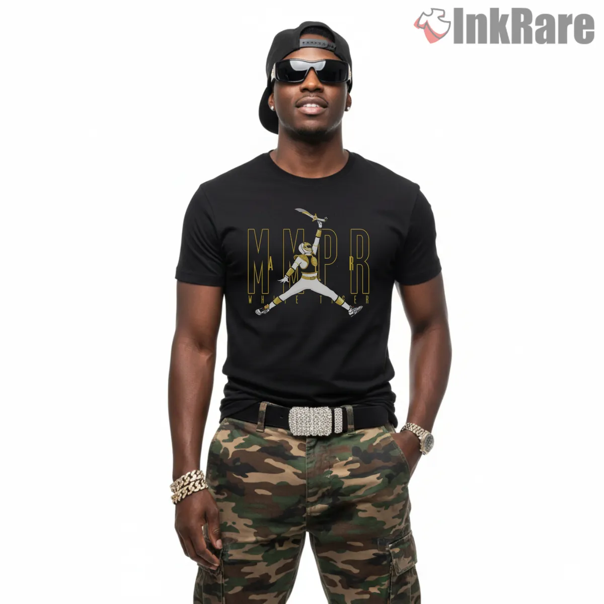 White Ranger Air Jump Martial Pose Shirt on black short sleeve shirt for men graphic tee