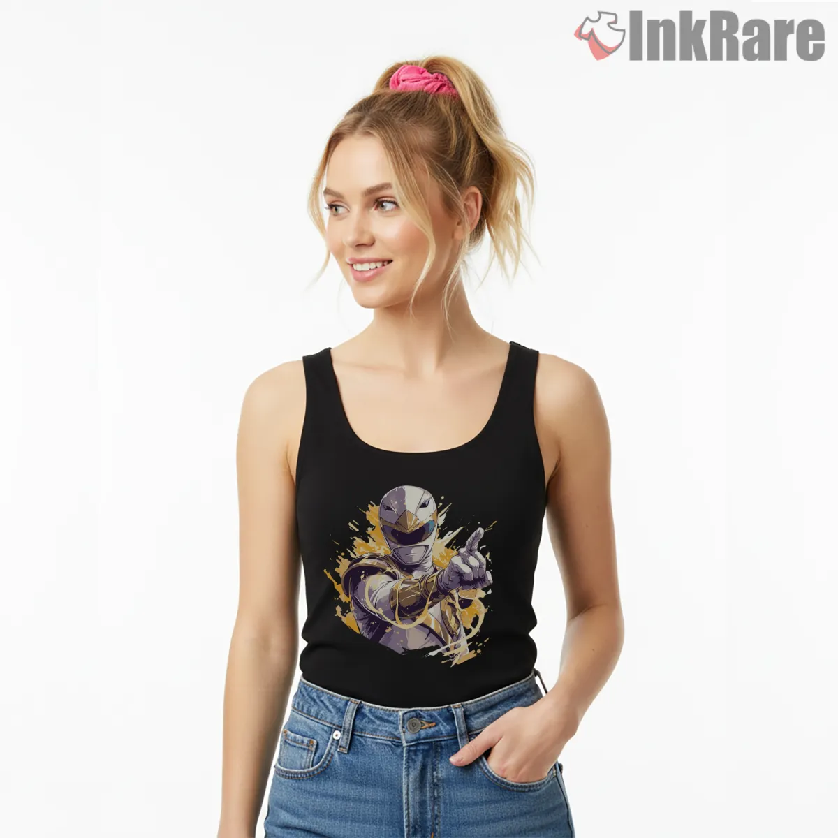 White Ranger Lightning Strike Hero Pose Tank Top Black White Ranger Lightning Strike Hero Pose Shirt on black tank top for women graphic tee