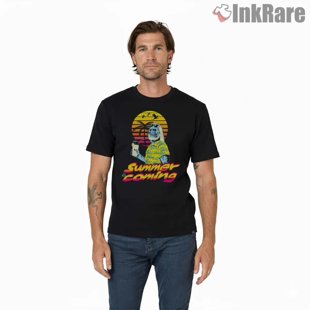 White Walker Summer Is Coming Retro Neon Short Sleeve Black White Walker Summer Is Coming Retro Neon Shirt on black short sleeve shirt for men graphic tee