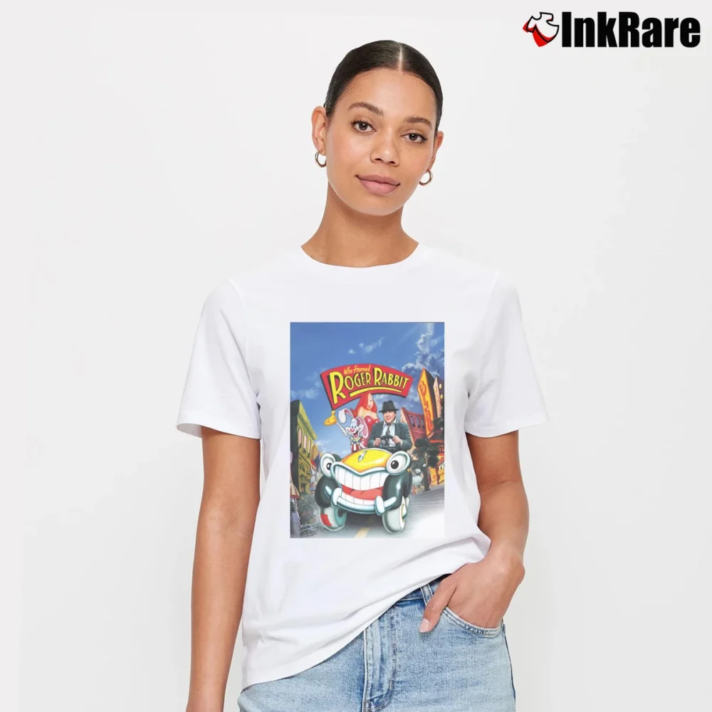 Women’s Who Framed Roger Rabbit 80s Comedy Classic Movie Poster Signature T-Shirt in white | Soft, Flattering Fit