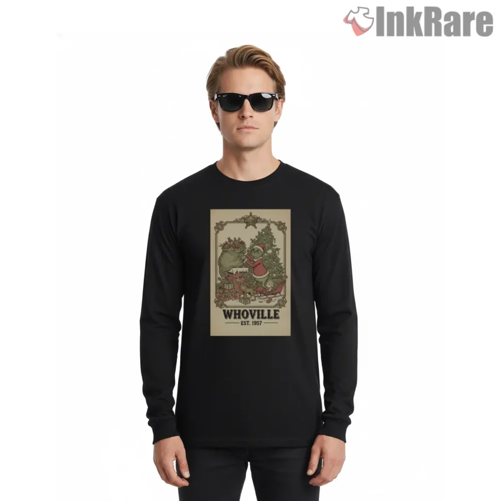 Whoville Holiday Postcard Vintage Grinch Shirt on black long sleeve shirt for men graphic tee