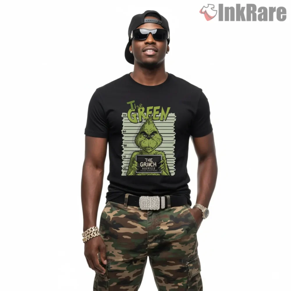 Whoville Police Mugshot Grinchmas Shirt on black short sleeve shirt for men graphic tee