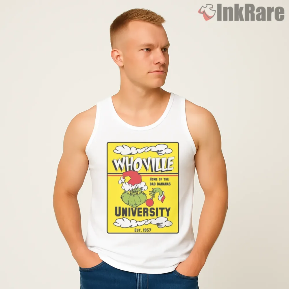 Whoville University Grinch Alumni Campus Shirt on white tank top for men graphic tee
