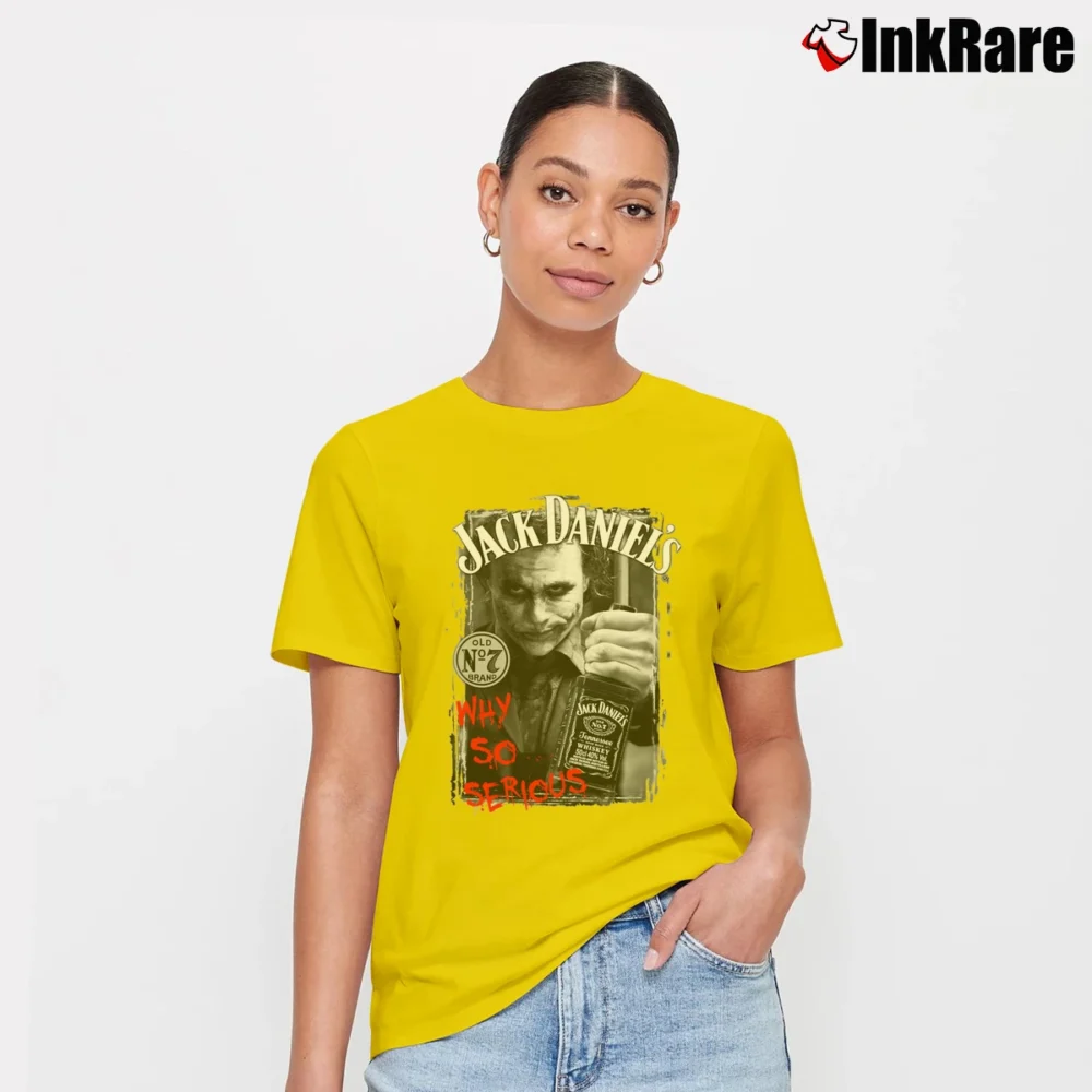 Women’s Why So Serious Jack Daniels Parody Joker Batman Cool Signature T-Shirt in yellow | Soft, Flattering Fit