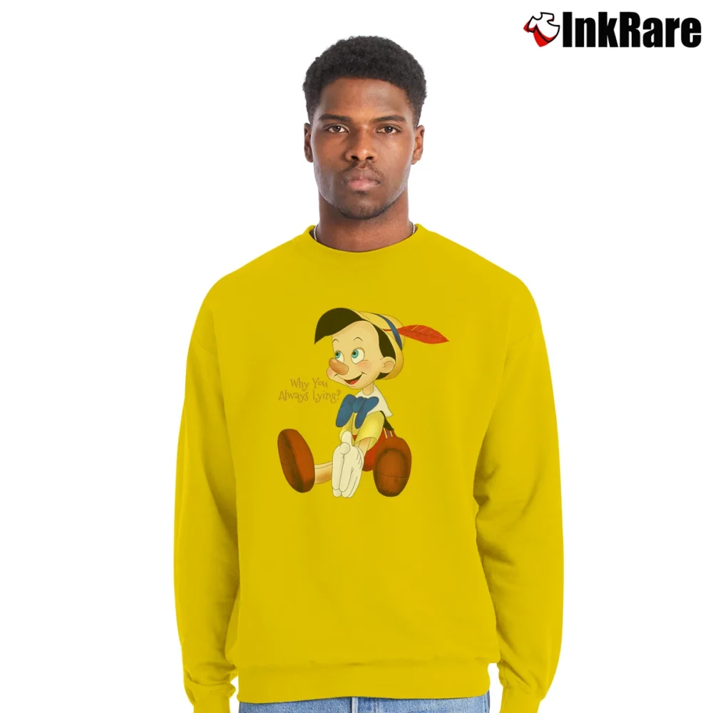 Men’s Why You Always Lying Pinocchio Cute Graphic Walt Disney Crewneck Sweatshirt in yellow | Cozy Fabric, Clean Style