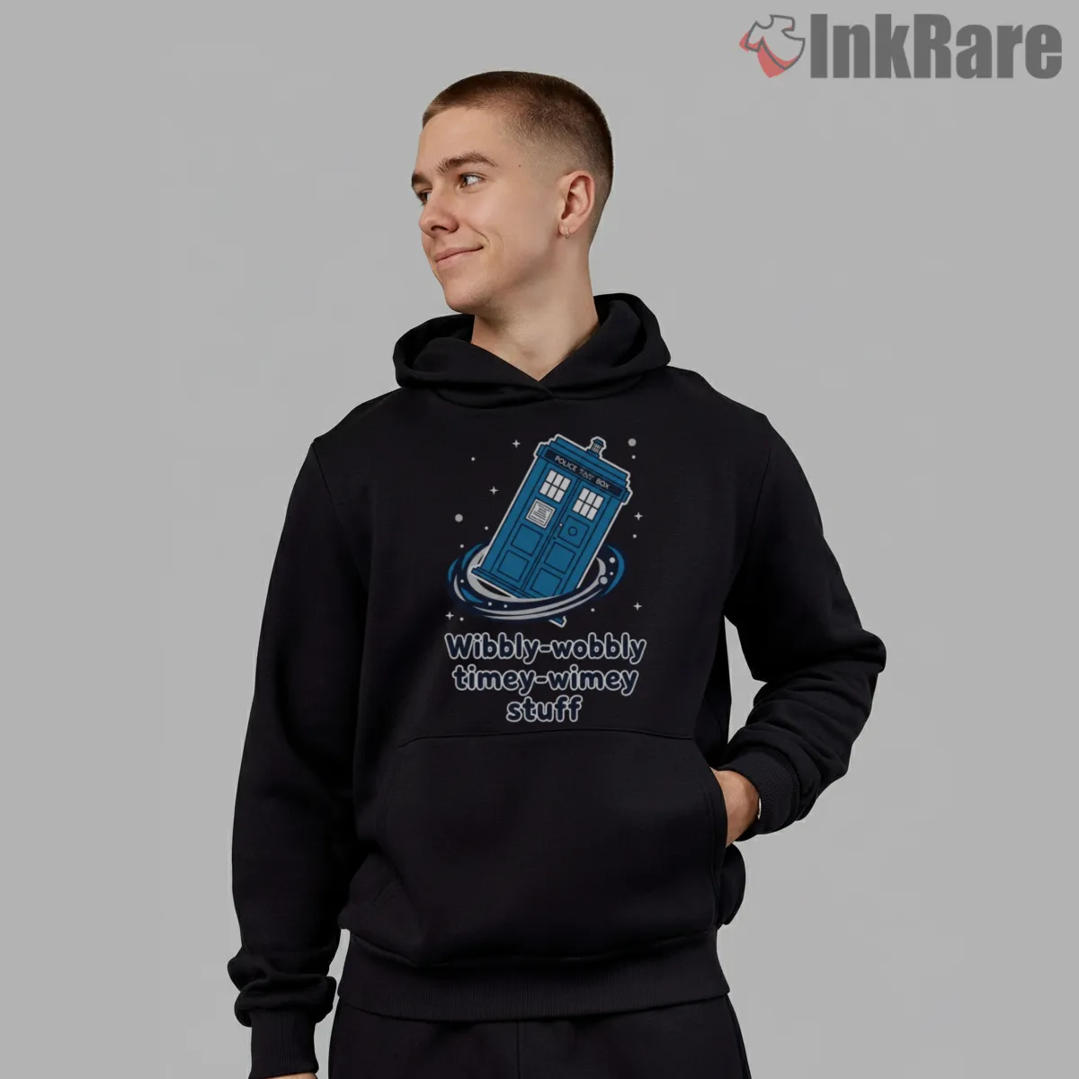 Wibbly Wobbly Timey Wimey Tardis Fun Quote Hoodie Black Wibbly Wobbly Timey Wimey Tardis Fun Quote Shirt on black hoodie for men graphic tee