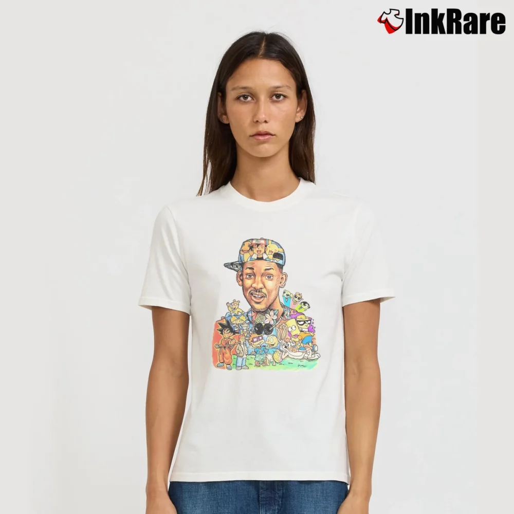 Women’s Will Smith Mashup Cartoon Characters Simpsons Anime Signature T-Shirt in white | Soft, Flattering Fit