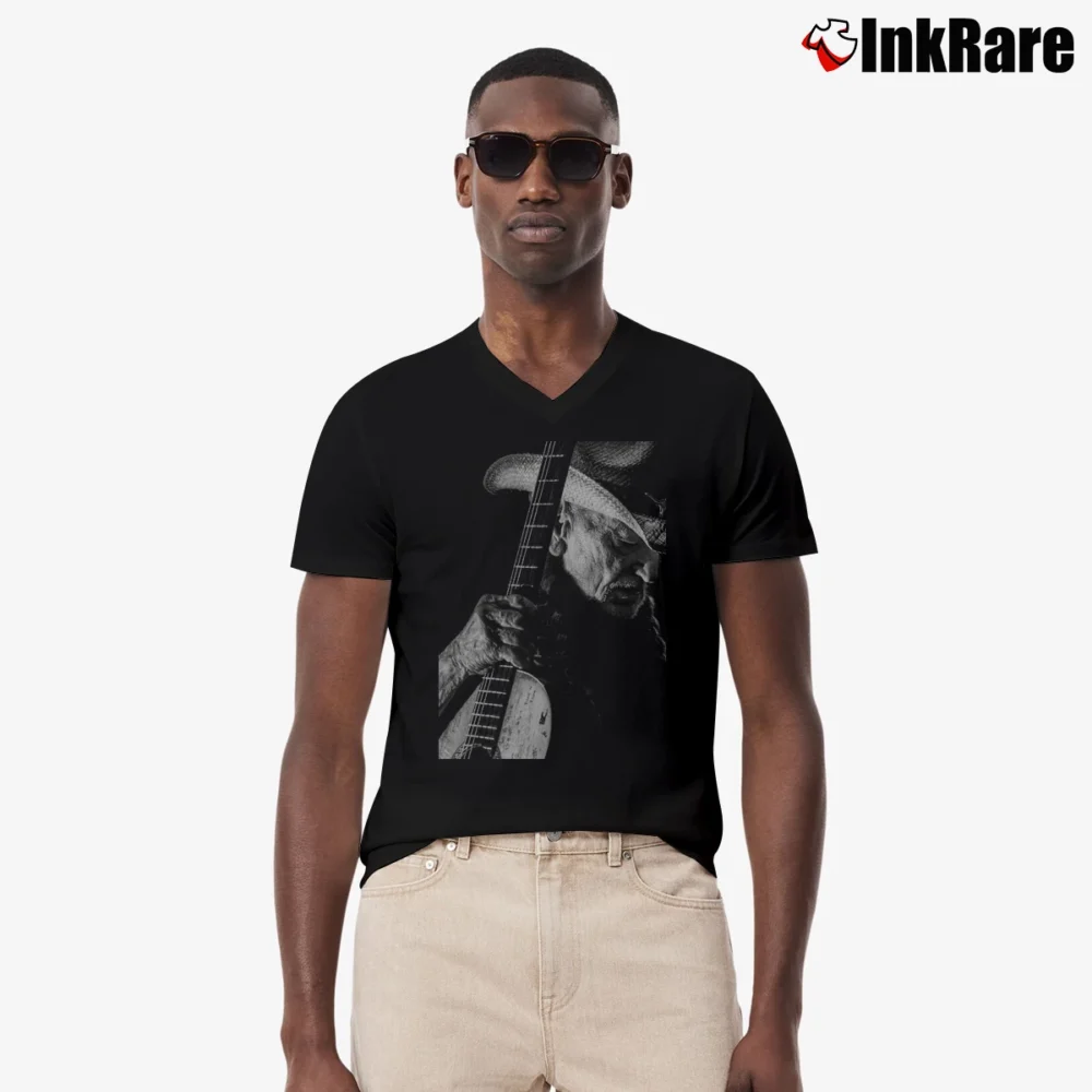 Men’s willie nelson poster country music icon V-Neck Tee in black | Sharp, Breathable, Everyday Staple