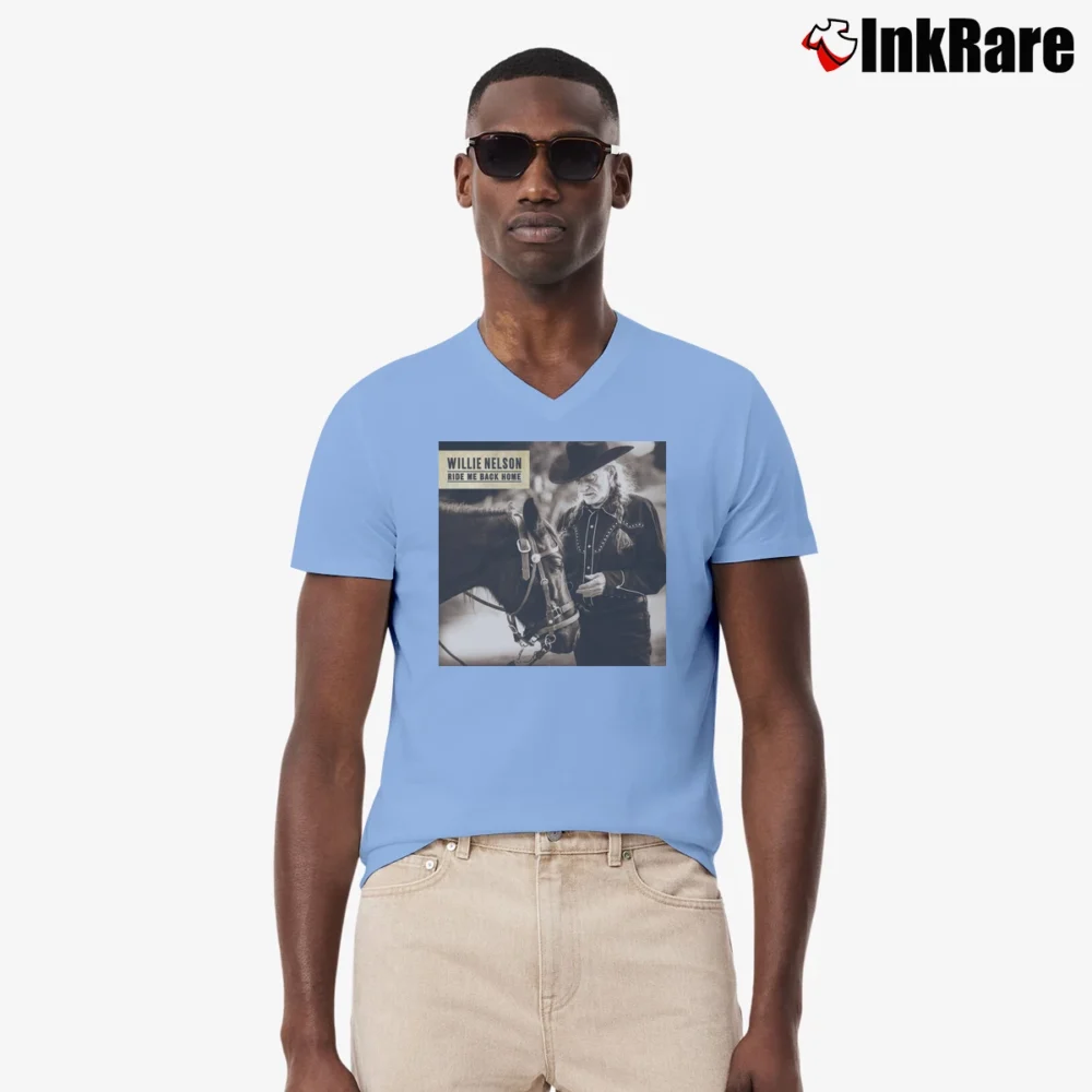 Men’s Willie Nelson Ride Me Back Home V-Neck Tee in light blue | Sharp, Breathable, Everyday Staple