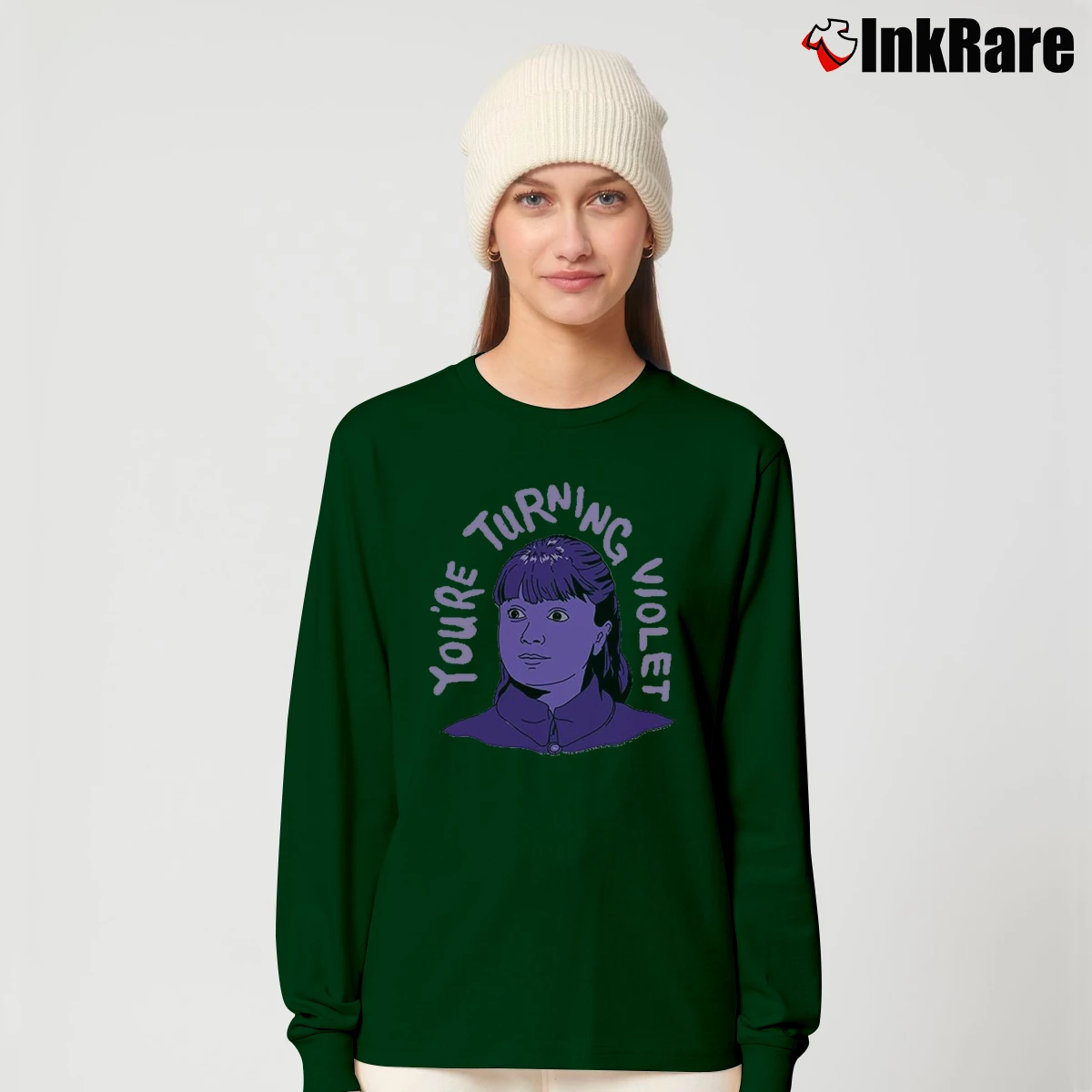 Women’s Willy Wonka Violet Character Graphic Long-Sleeve Top in forest green | Sleek, Versatile, All-Season