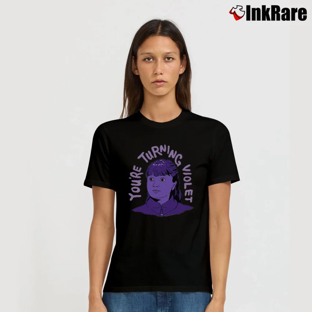 Women’s Willy Wonka Violet Character Graphic Signature T-Shirt in black | Soft, Flattering Fit