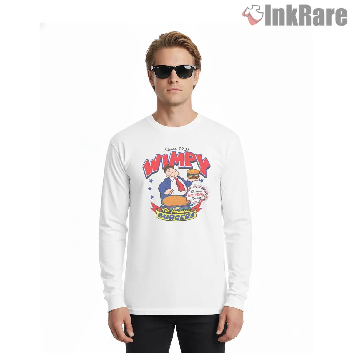 Wimpy All American Burger Diner Shirt on white long sleeve shirt for men graphic tee