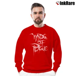 Men’s Winds Of Plague Scratch Metal Band Crewneck Sweatshirt in red | Cozy Fabric, Clean Style