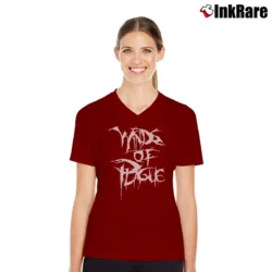 Women’s Winds Of Plague Scratch Metal Band V-Neck Tee in maroon | Chic Neckline, Soft Texture