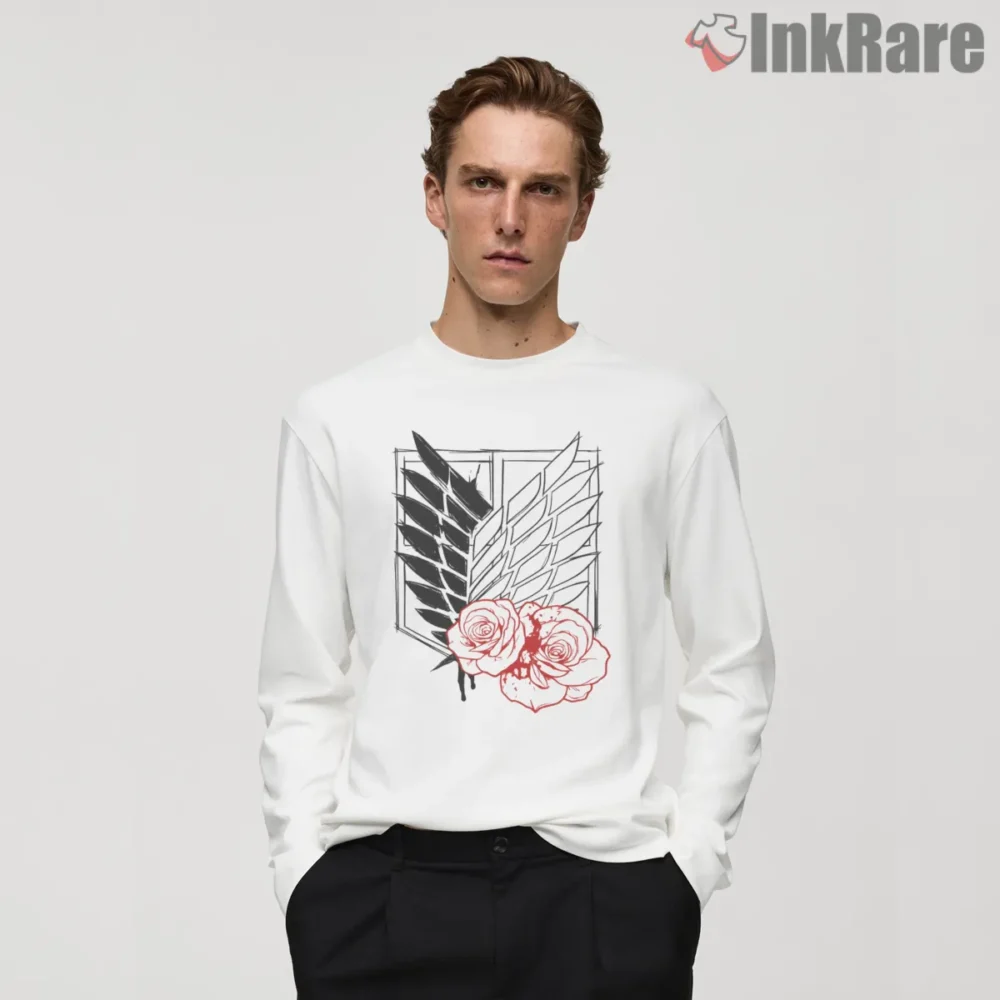 Wings Of Freedom Crest With Roses Attack On Titan Shirt on white long sleeve shirt for men graphic tee