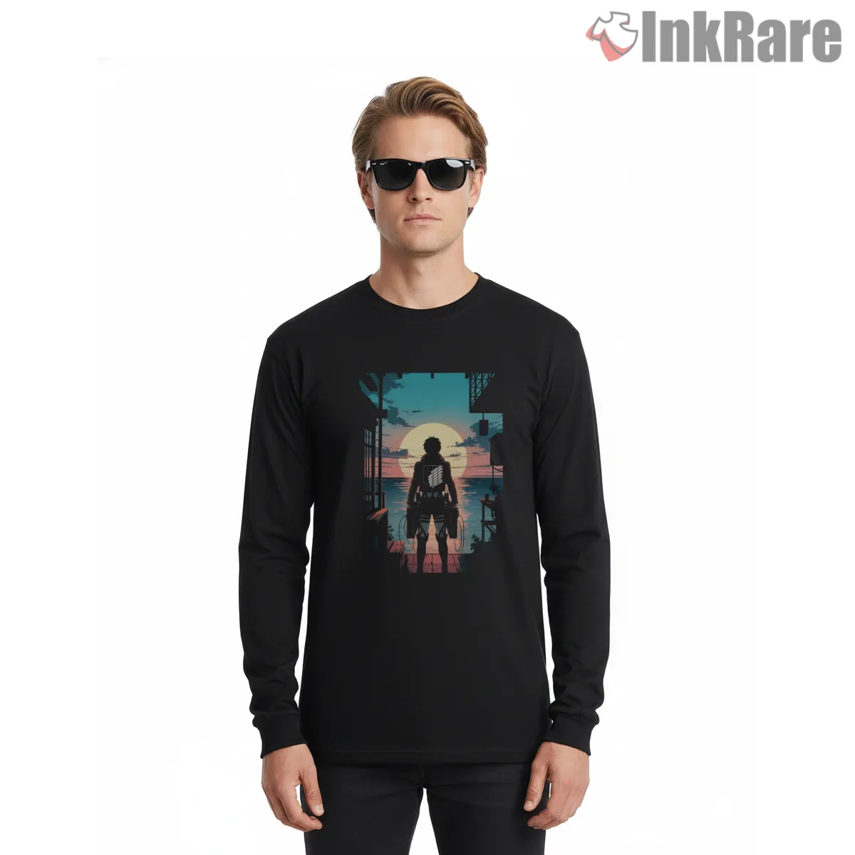 Wings Of Freedom Sunset Walk Scout Silhouette Shirt on black long sleeve shirt for men graphic tee