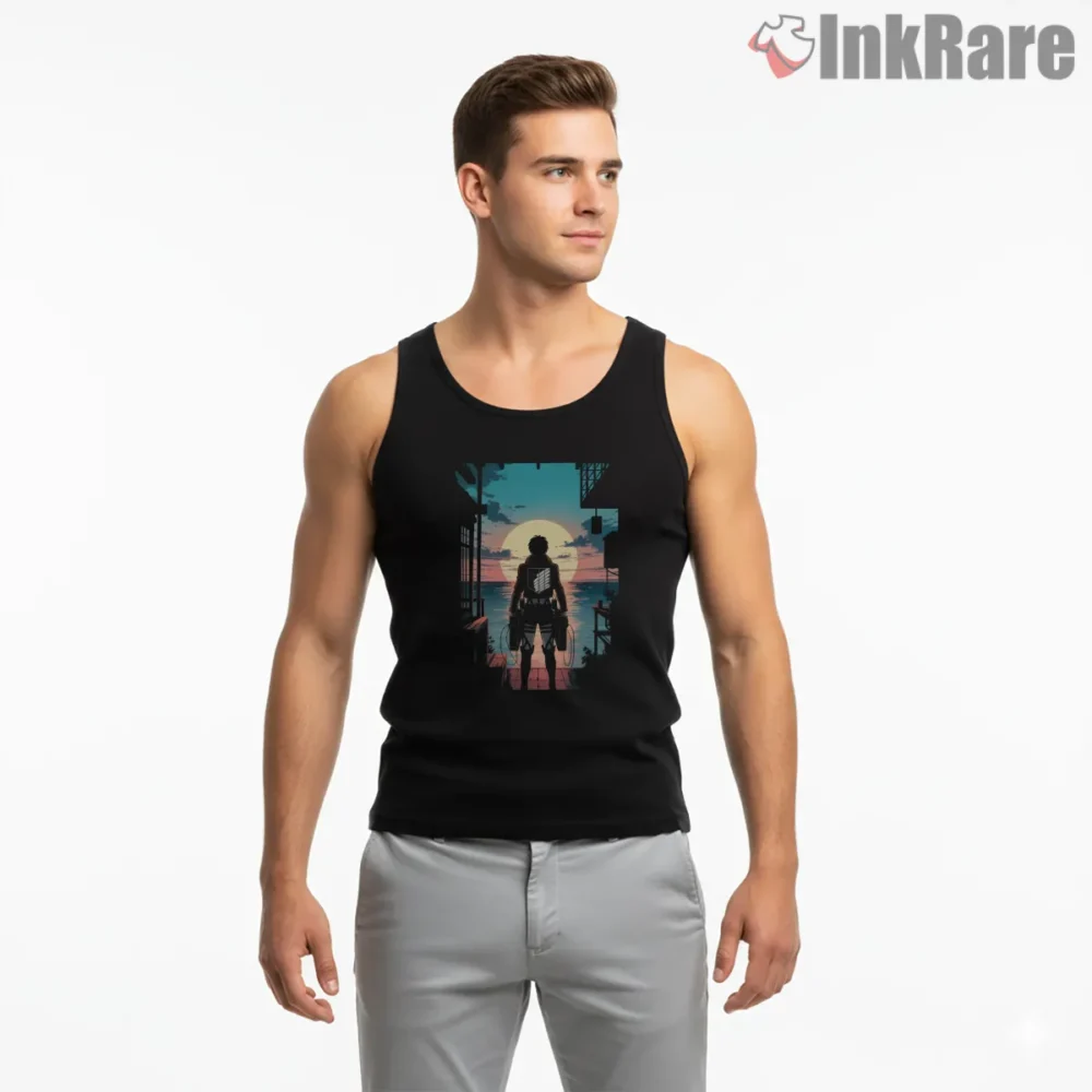 Wings Of Freedom Sunset Walk Scout Silhouette Shirt on black tank top for men graphic tee
